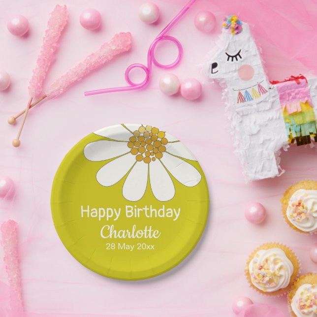 Plato De Papel Personalizado de Flor de Daisy Moderno Retro Blanc (Fiesta)