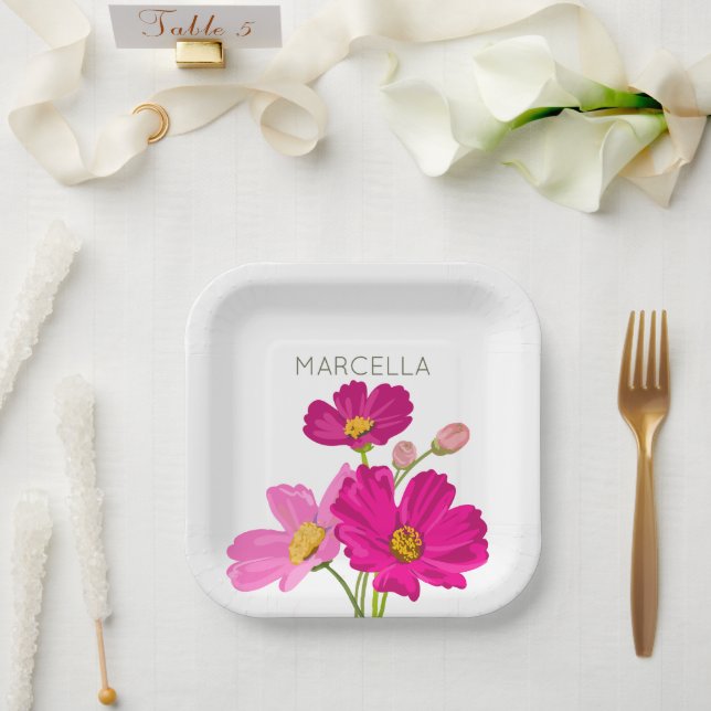 Plato De Papel Personalizado de flores Cosmos de jardín brillante (Boda)