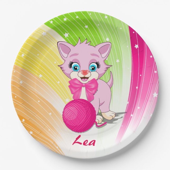 Plato De Papel Personalizado de gatitos rosados (Anverso)