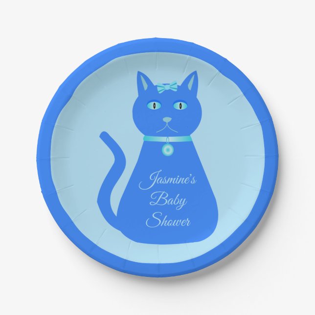 Plato De Papel Personalizado de gato de niño pequeño azul (Anverso)