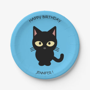 Plato De Papel Personalizado de gato negro lindo nombre de niños 