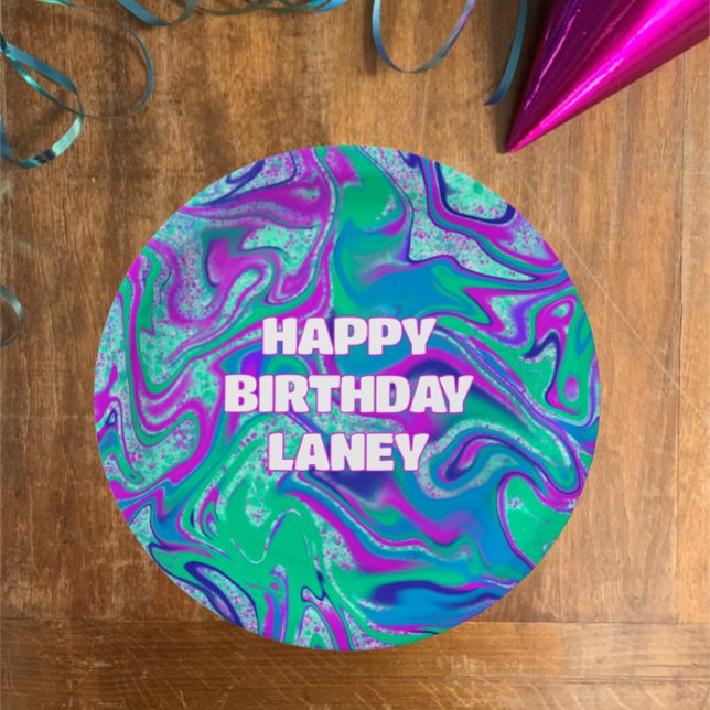 Plato De Papel Personalizado de Guay Aqua Swirl Purpurina Chica F (Personalize with name vibrant teal purple swirl glitter happy birthday slime party paper plates
)