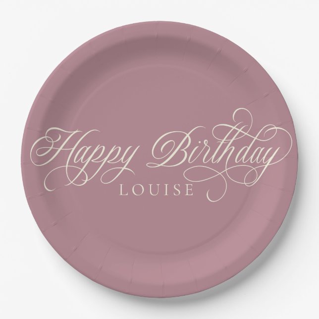 Plato De Papel Personalizado de guion elegante Happy Birthday (Anverso)