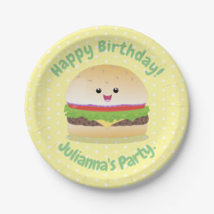 Plato De Papel Personalizado de hamburguesa kawaii feliz