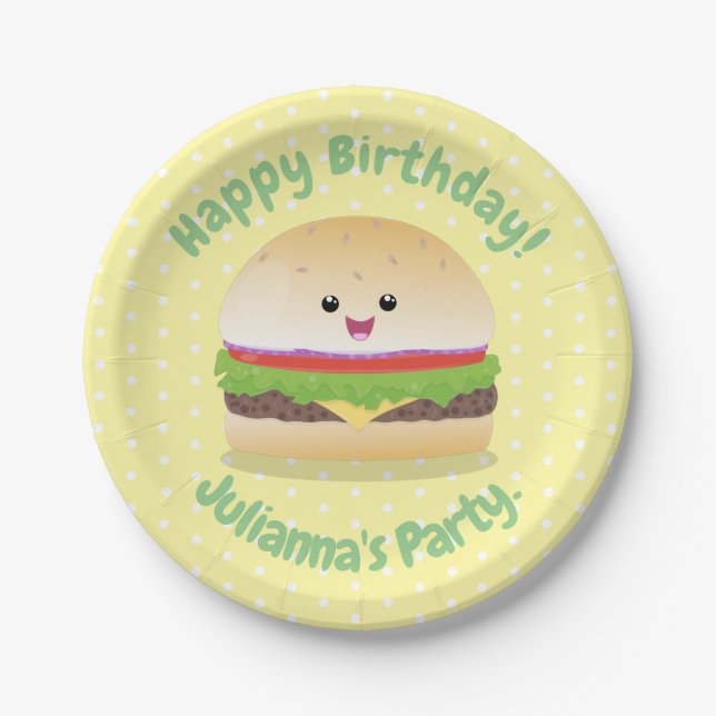 Plato De Papel Personalizado de hamburguesa kawaii feliz (Anverso)