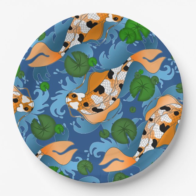 Plato De Papel Personalizado de Koi Fish y Pond Lilies (Anverso)