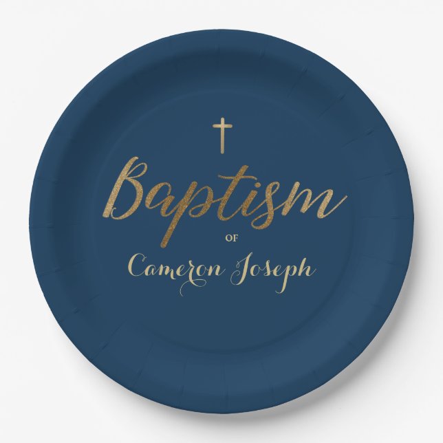 Plato De Papel Personalizado de la cruz de oro azul de la marina  (Anverso)