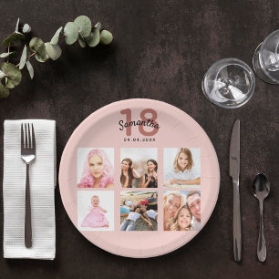Plato De Papel personalizado de la fiesta de 18 años foto rosa de