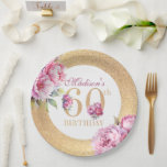 Plato De Papel Personalizado de lujo 60th Birthday Peonies Gold P<br><div class="desc">Placas de papel Purpurina de oro rosa floral 60 de lujo. Fácil de personalizar. Los productos correspondientes se pueden encontrar en Luxury Adult Peonies Birthday Collection.</div>