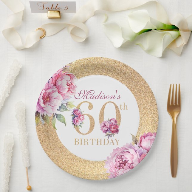 Plato De Papel Personalizado de lujo 60th Birthday Peonies Gold P (Boda)