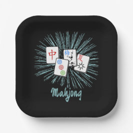 Plato De Papel Personalizado de Mahjong Tiles Blue Starburst