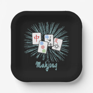 Plato De Papel Personalizado de Mahjong Tiles Blue Starburst
