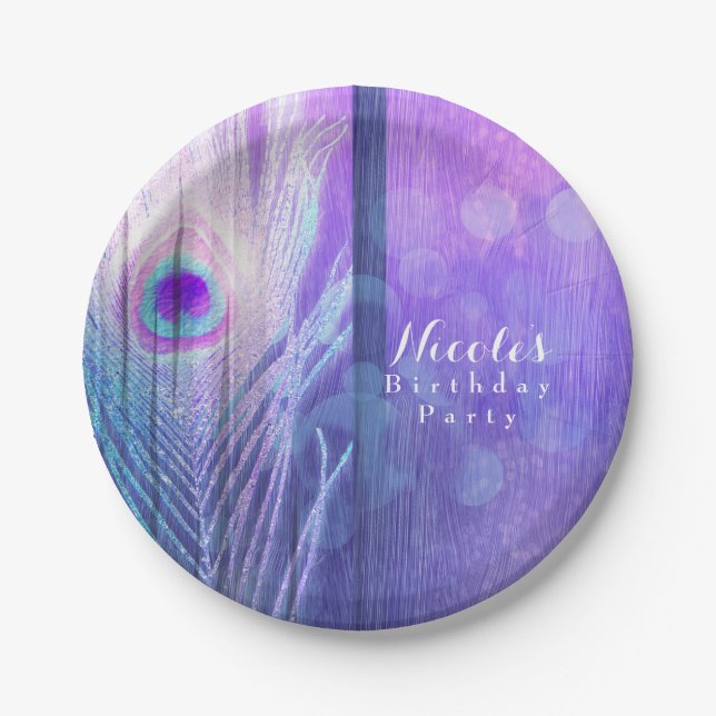 Plato De Papel Personalizado de Moda Peacock Feather Purple Glam  (Anverso)