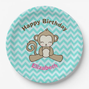 Plato De Papel Personalizado de monos Cute Kawaii Feliz cumpleaño