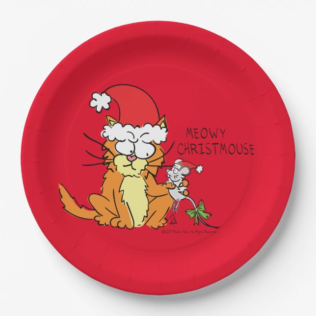 Plato De Papel Personalizado de Navidades divertidos con gato Rat (Anverso)