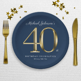 Plato De Papel Personalizado de oro azul de la Marina 40 Fiesta d