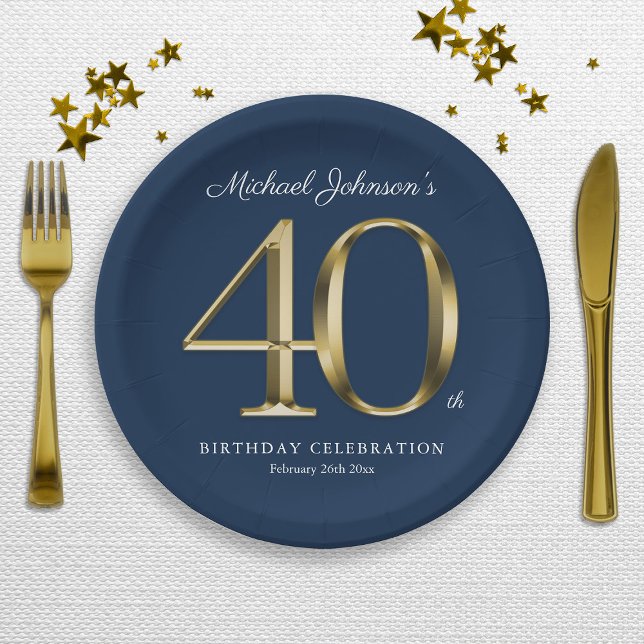Plato De Papel Personalizado de oro azul de la Marina 40 Fiesta d (Navy Blue Gold Custom 40th Birthday Party Paper Plates)