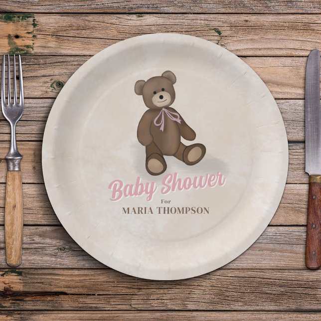 Plato De Papel Personalizado de osito de peluche rosado Baby Show (Baby Shower Custom Party Paper Plates)