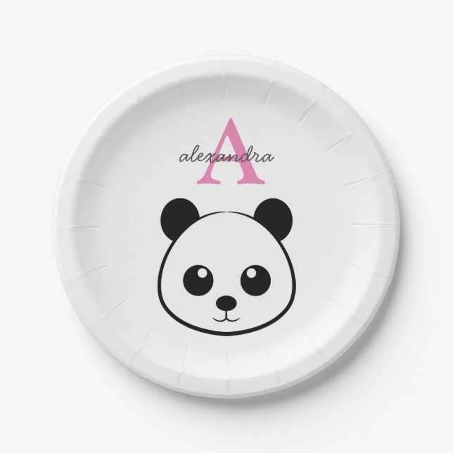 Plato De Papel Personalizado de oso panda lindo Monograma (Anverso)