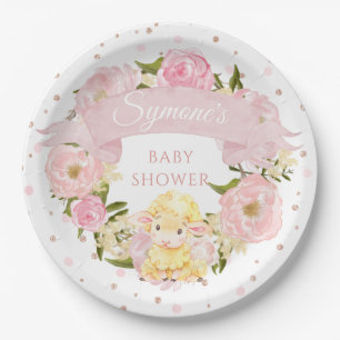 Plato De Papel Personalizado de Ovejas Rosa Peony y Rosa Baby Sho