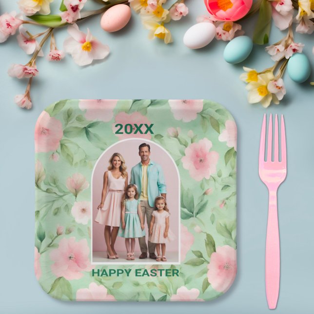 Plato De Papel Personalizado de Pascua Foto Pastel Pink & Green F (Subido por el creador)
