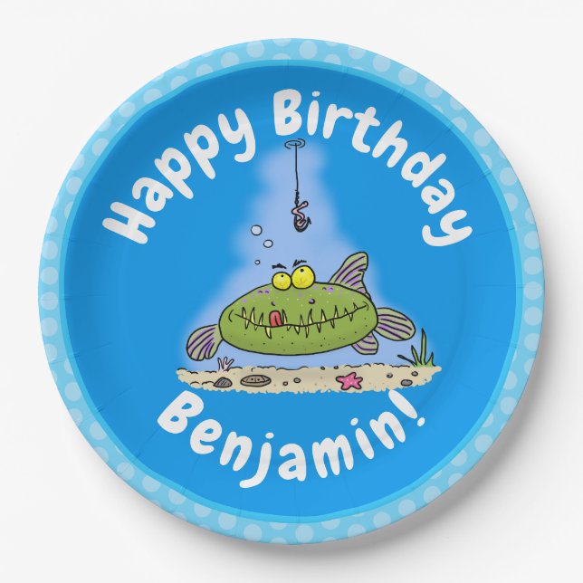 Plato De Papel Personalizado de pescadores de peces gordos y hamb (Anverso)