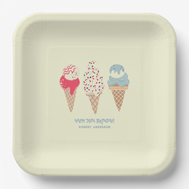Plato De Papel Personalizado de retro helado Cone 70 cumpleaños (Anverso)
