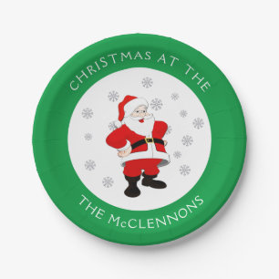 Plato De Papel Personalizado de Santa Claus Texto Frontera Verde