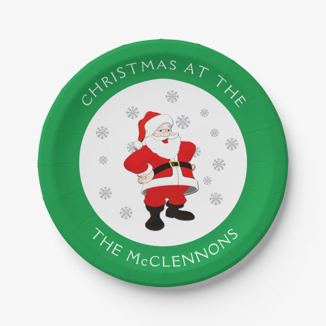 Plato De Papel Personalizado de Santa Claus Texto Frontera Verde (Anverso)