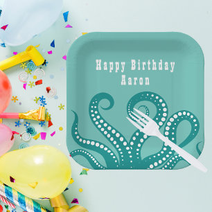 Plato De Papel Personalizado de tentáculos de pulpo blanco y aqua