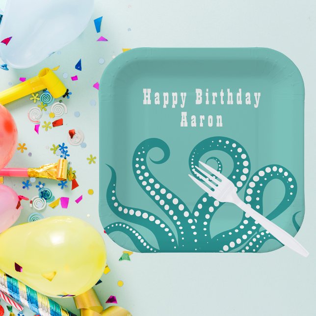 Plato De Papel Personalizado de tentáculos de pulpo blanco y aqua (Subido por el creador)