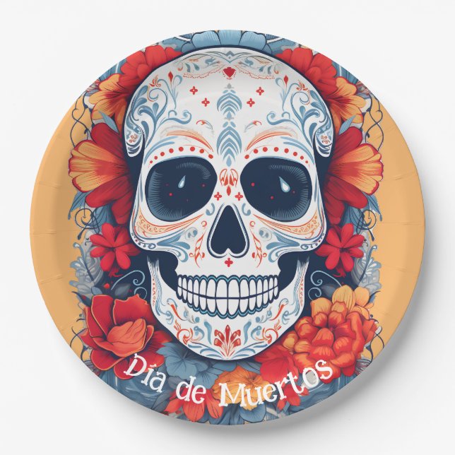 Plato De Papel Personalizado de texto azul y rojo Día de Muertos (Anverso)