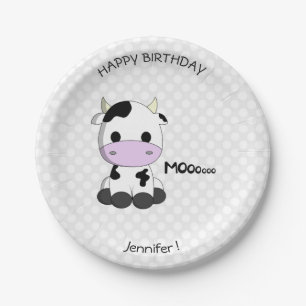 Plato De Papel Personalizado de vaca cutáneo nombre de cumpleaños