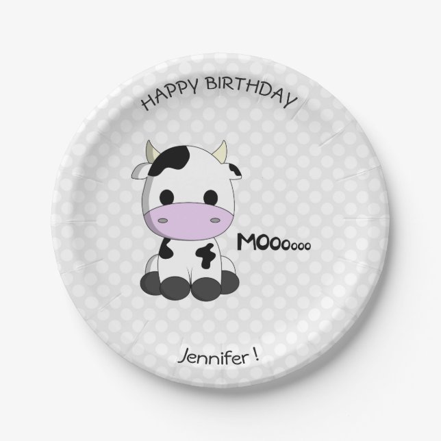 Plato De Papel Personalizado de vaca cutáneo nombre de cumpleaños (Anverso)