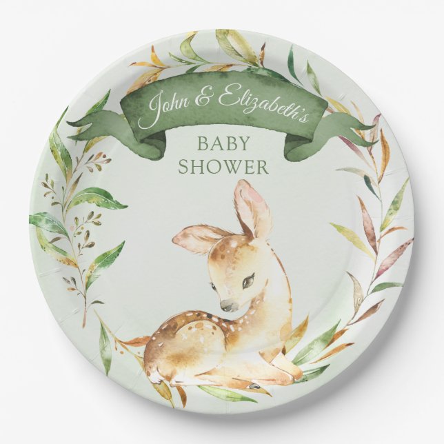 Plato De Papel Personalizado de venado de bosque verde Baby Showe (Anverso)