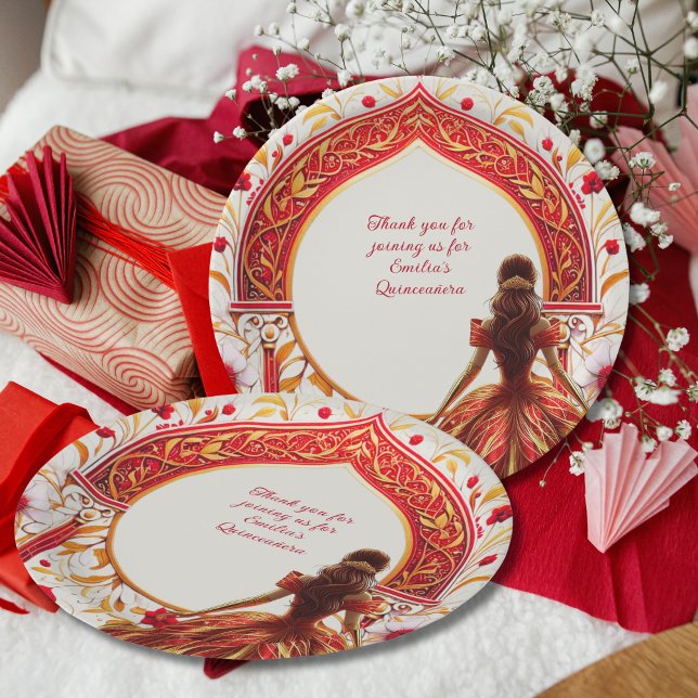 Plato De Papel Personalizado De Vestidos De Oro Rojo De Quinceañe (Subido por el creador)