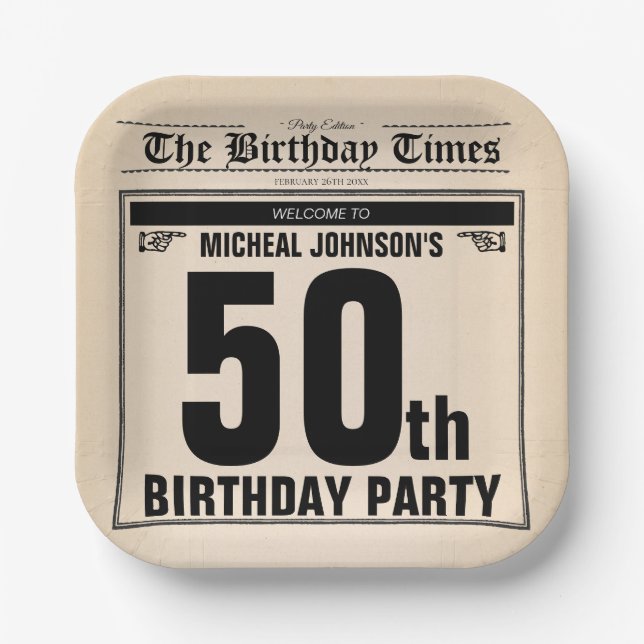 Plato De Papel Personalizado de Vintage de periódico de cumpleaño (Anverso)