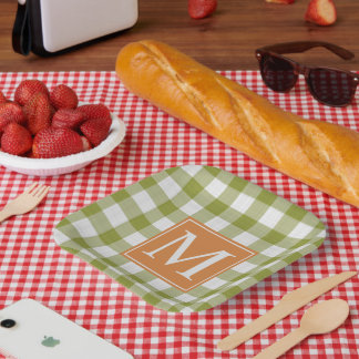 Plato De Papel Personalizado deja el patrón de Gingham Naranja de