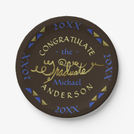 Plato De Papel personalizado del Blue Brown Faux Gold del partido
