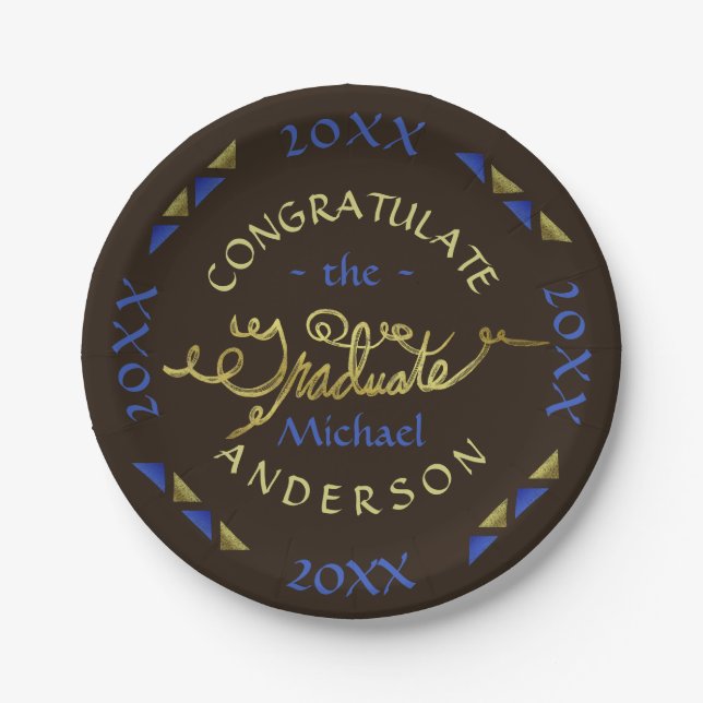 Plato De Papel personalizado del Blue Brown Faux Gold del partido (Anverso)