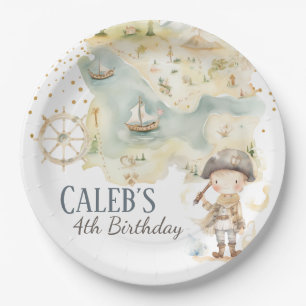 Plato De Papel Personalizado del Cuarto Cumpleaños de Ahoy Pirate