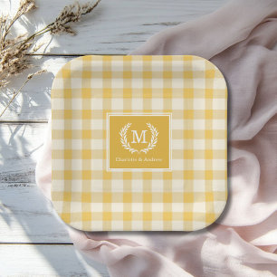 Plato De Papel Personalizado del Escudo de Yellow Gingham Monogra