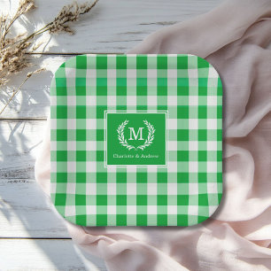 Plato De Papel Personalizado del Monograma de Gingham Verde