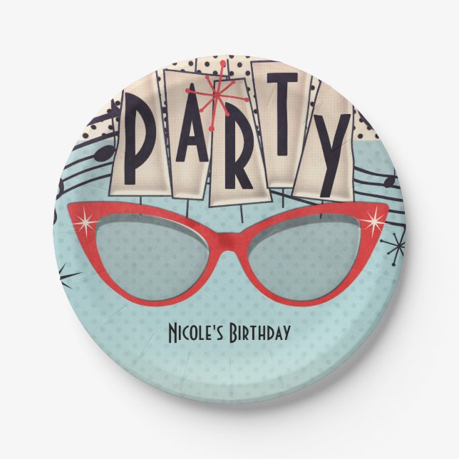 Plato De Papel Personalizado del partido de cumpleaños de Retro V (Anverso)