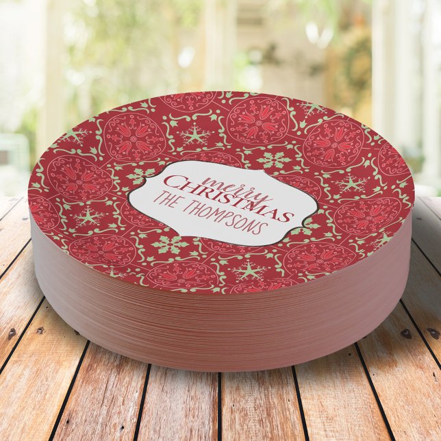 Plato De Papel Personalizado del patrón de navidad verde rojo mer (Merry Christmas paper plate)