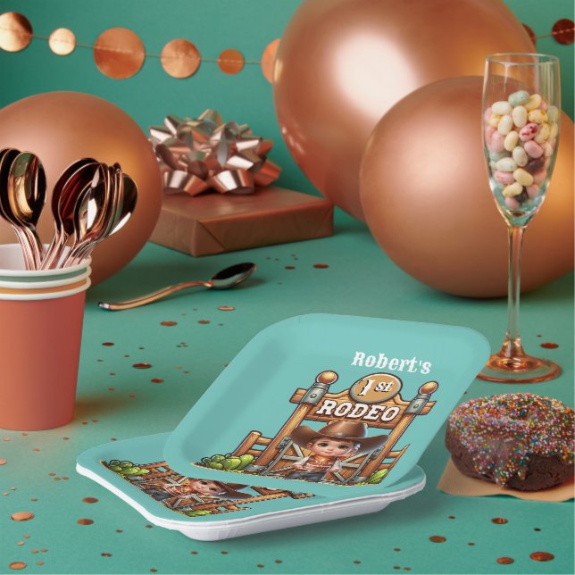 Plato De Papel Personalizado del primer cumpleaños de Rodeo de Co (Multi)