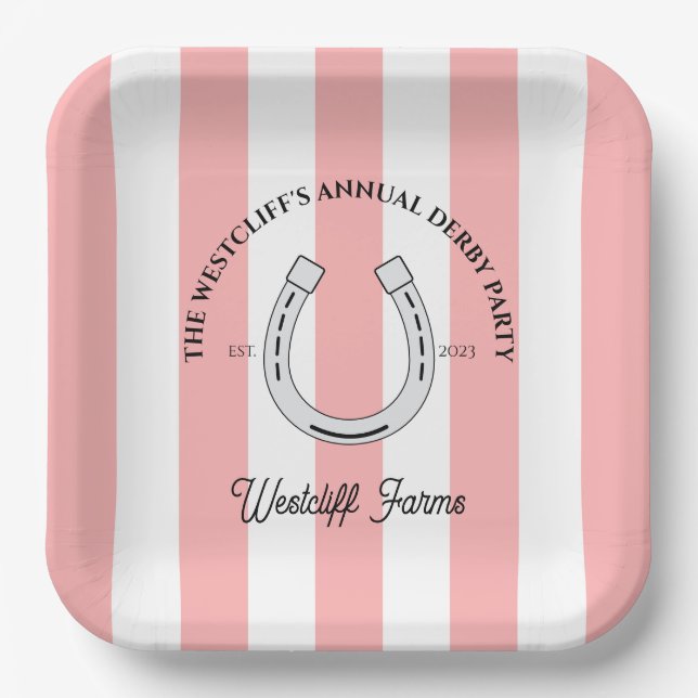 Plato De Papel Personalizado Derby Fiesta Rosa Cabana Stripes Hor (Anverso)