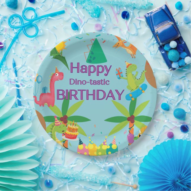 Plato De Papel Personalizado Dinosaur Feliz Cumpleaños Fiesta (Fiesta)