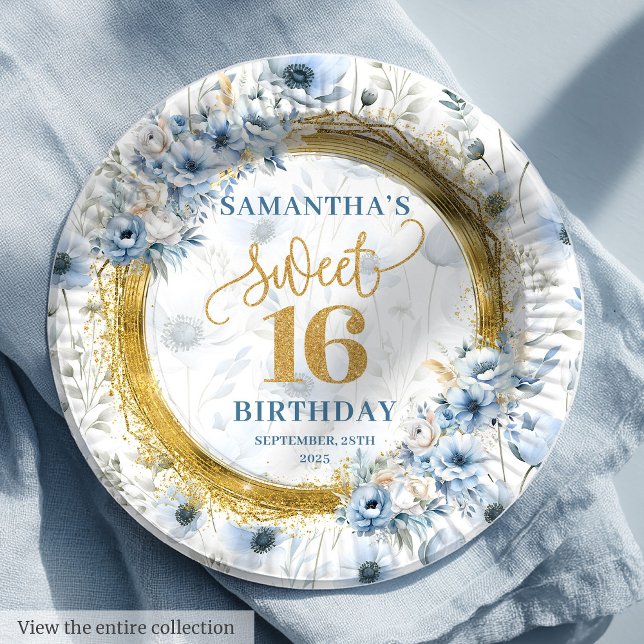 Plato De Papel Personalizado Dusty Blue Sweet 16 Purpurina de oro (Custom Dusty Blue Sweet 16 Gold Glitter Birthday Paper Plates)