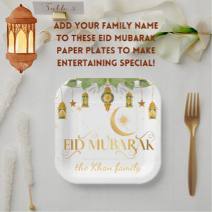 Plato De Papel Personalizado "Eid Mubarak" Linternas de oro blanc